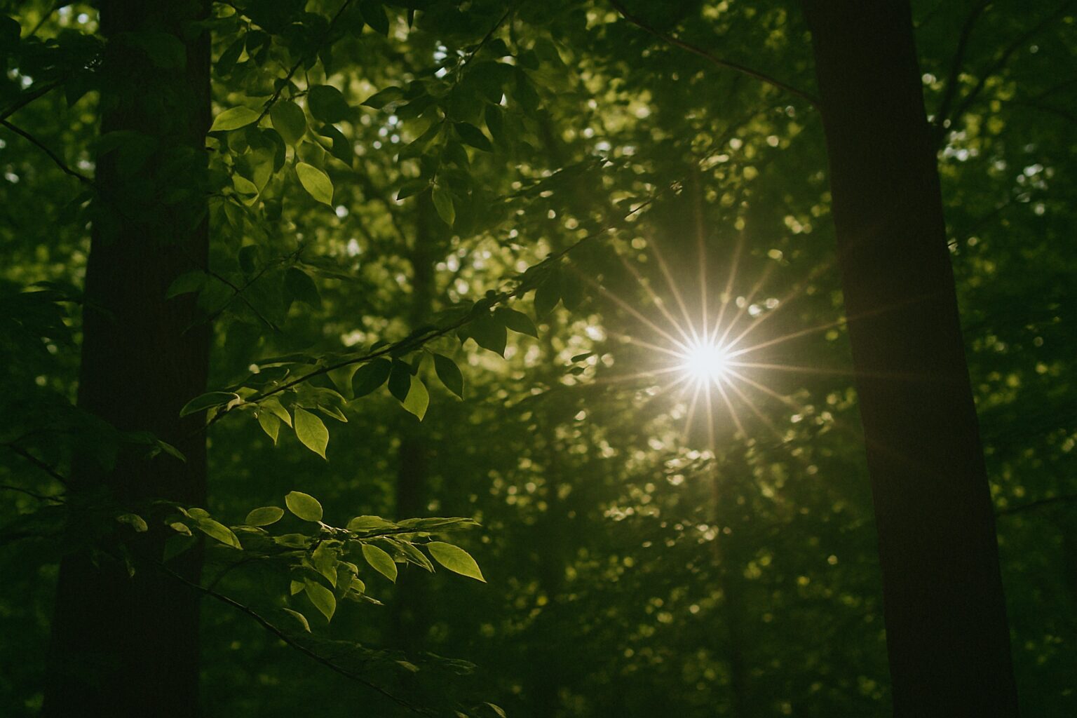 Persona sentada en calma bajo el komorebi, la luz suave del sol entre los árboles