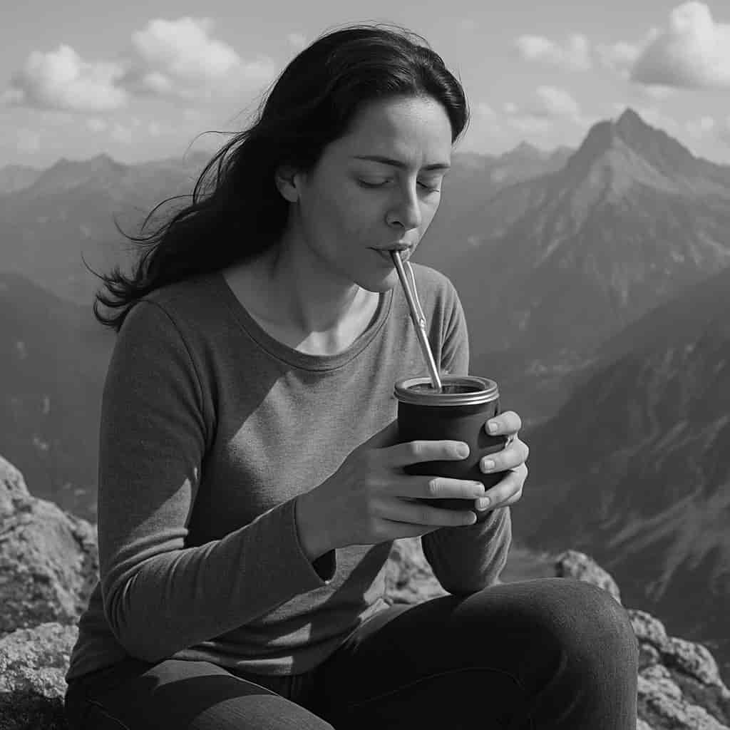 Tomar mate en la cima de una montaña